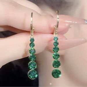 Green Crystal Long  Drop Earrings